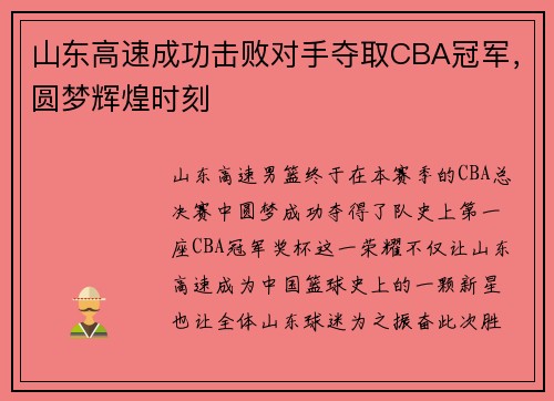 山东高速成功击败对手夺取CBA冠军，圆梦辉煌时刻